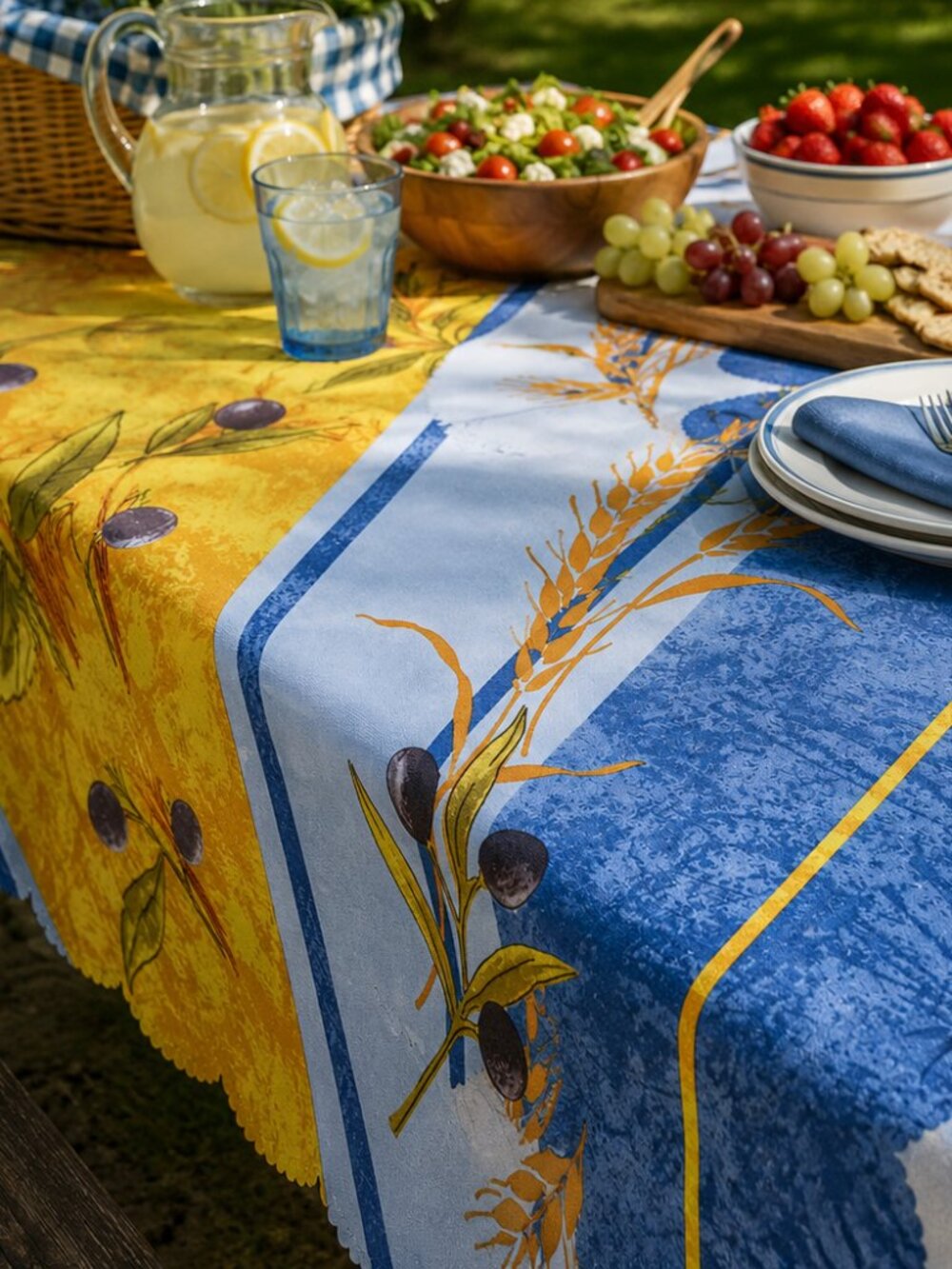Table Cloth Scarf Panel 52" X 68" Scalloped Edge Sunflower Wheat Olives Spring
